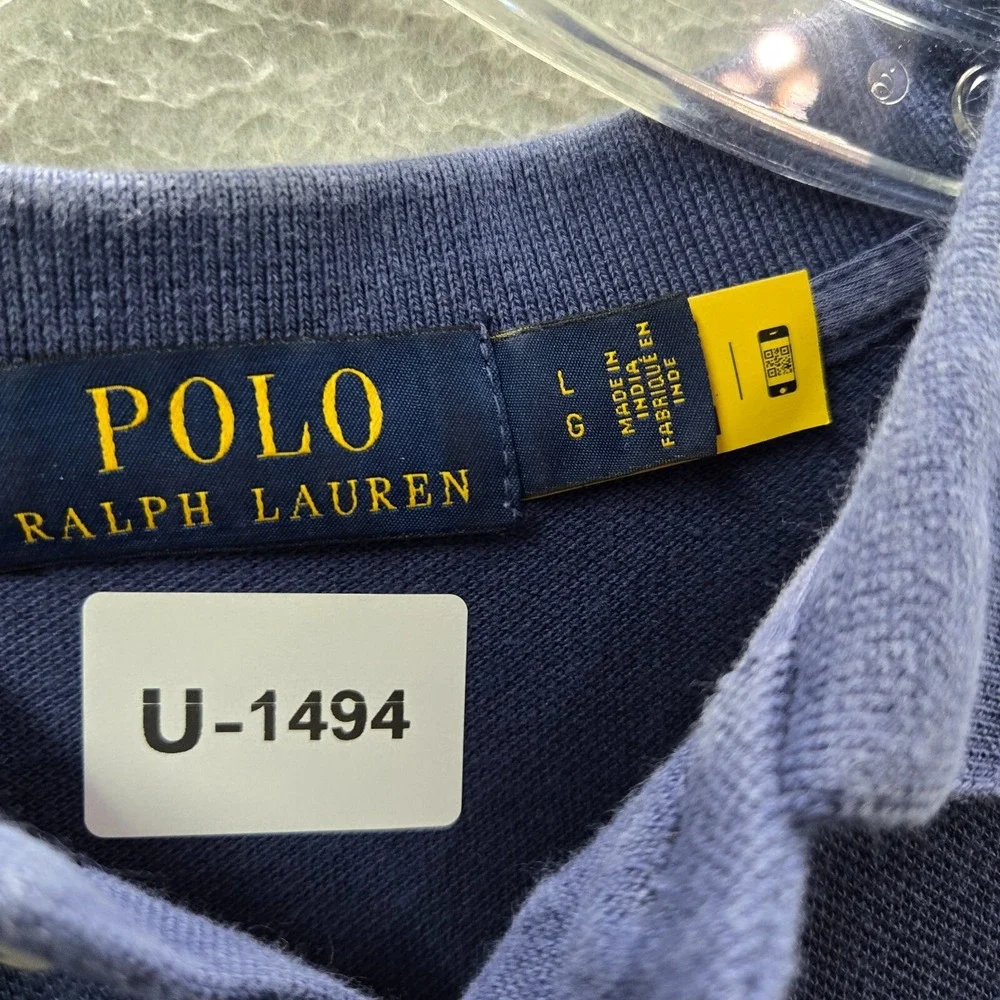 Ralph Lauren Men Polo Shirt Large Blue Striped‎ Collar Short Sleeve Cotton